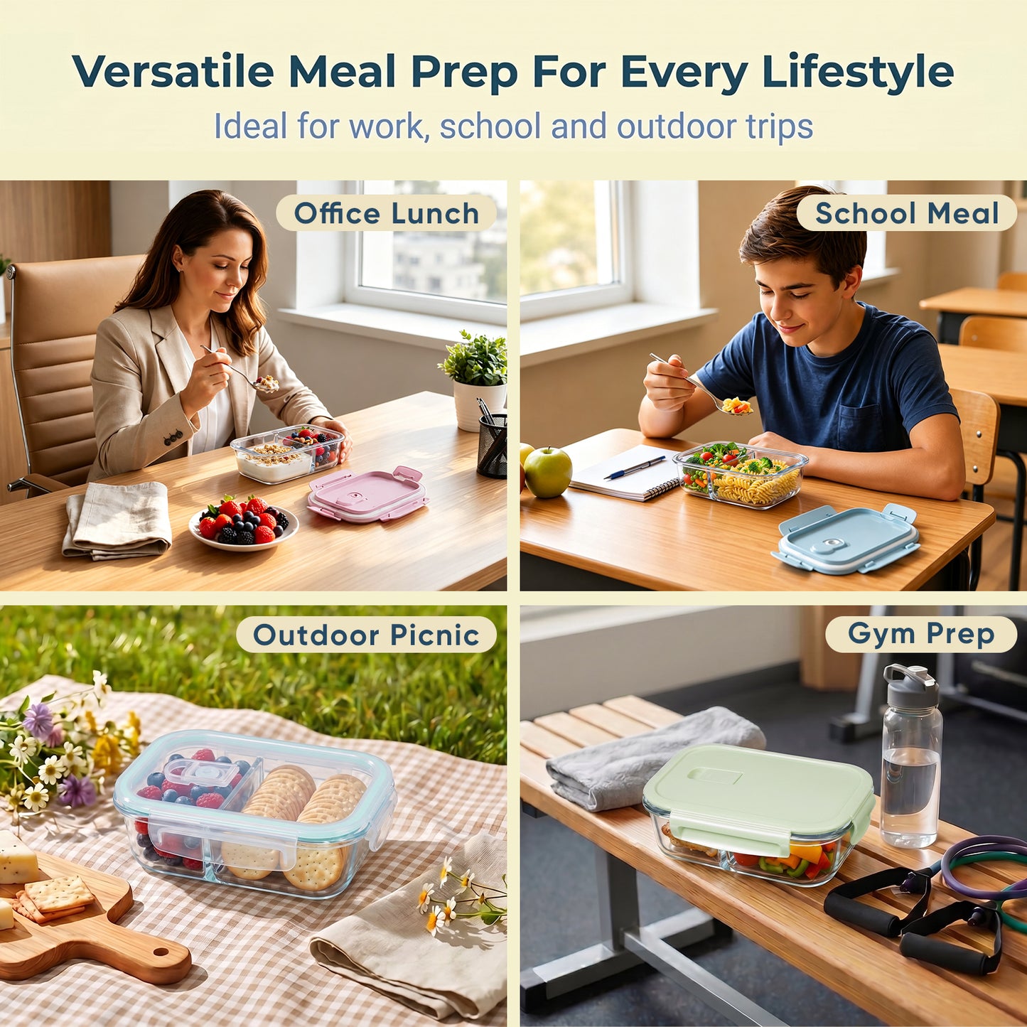 Vesteel 4 Pack Glass Meal Prep Containers, Lunch Bento Boxes with Snap Locking Lid, 24 oz/710 ml Food Storage Containers with 2 Compartments, Oven, Freezer, Microwave & Dishwasher Safe