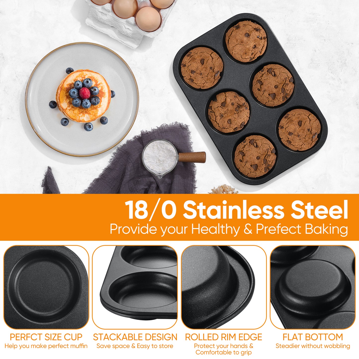 Vesteel Muffin Top Pans Set of 2, 6-Cup Stainless Steel Cupcake Pan for Baking, 11” x 7.5” Regular Size Metal Pan Tin Tray for Mini Cake Cookie Egg Hamburger, Oven Safe