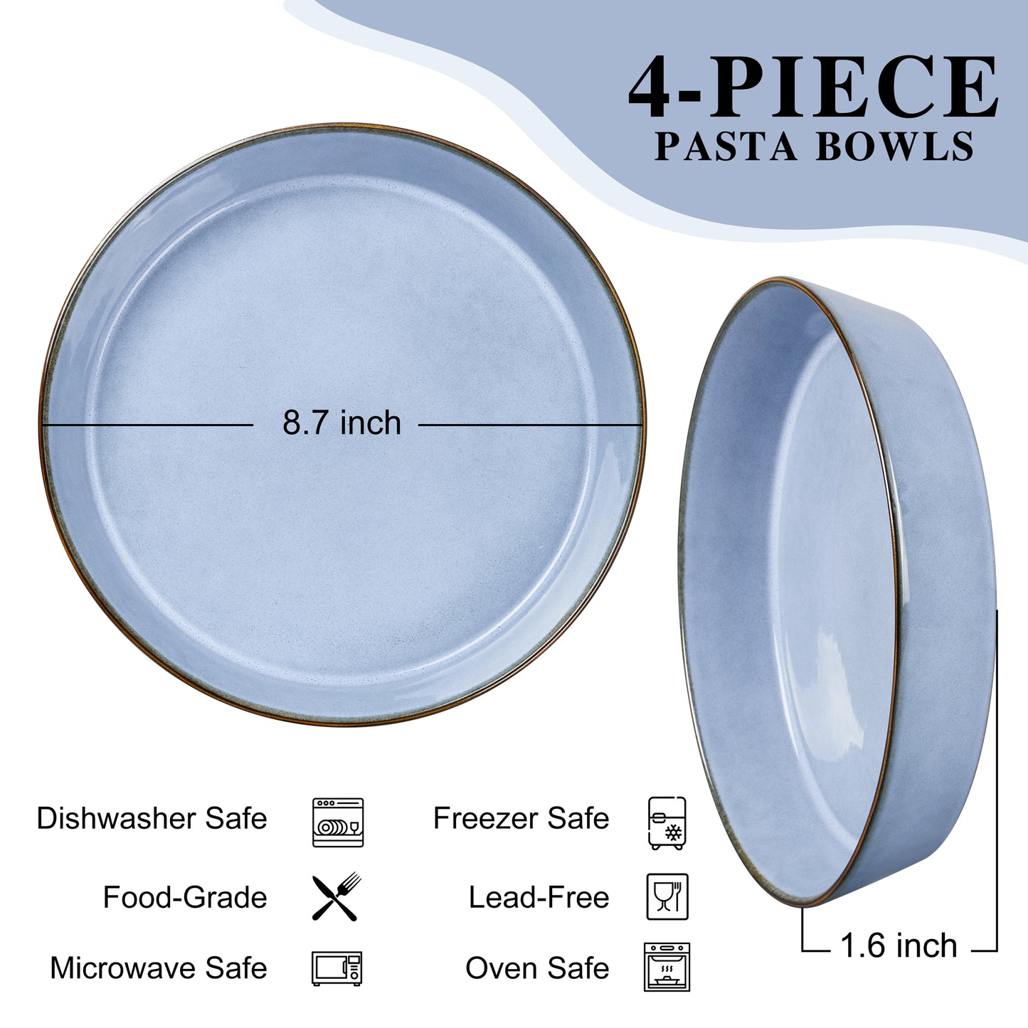 Vesteel Pasta Bowls Set of 4, 34oz Salad Plates for Home Kitchen, Double Reactive Glaze Large Wide Ceramic Bowls for Serving Dinner, Microwave & Dishwasher Safe, Grayish Blue