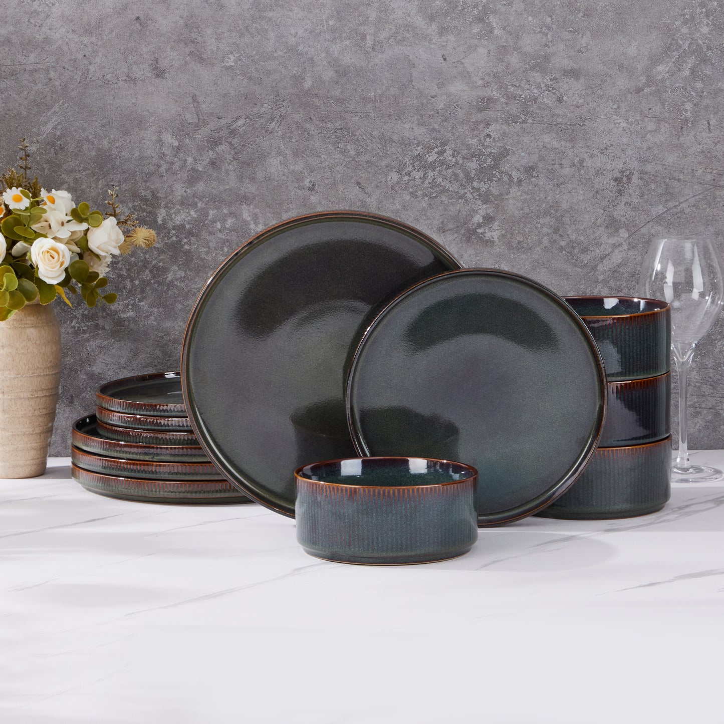 Vesteel Dinnerware Set for 4, 12-Piece Premium Stoneware Ribbed Dishes with Reactive Glaze, Chip & Scratch Resistant Plates and Bowls Set for Home Restaurant, Microwave and Dishwasher Safe - Green