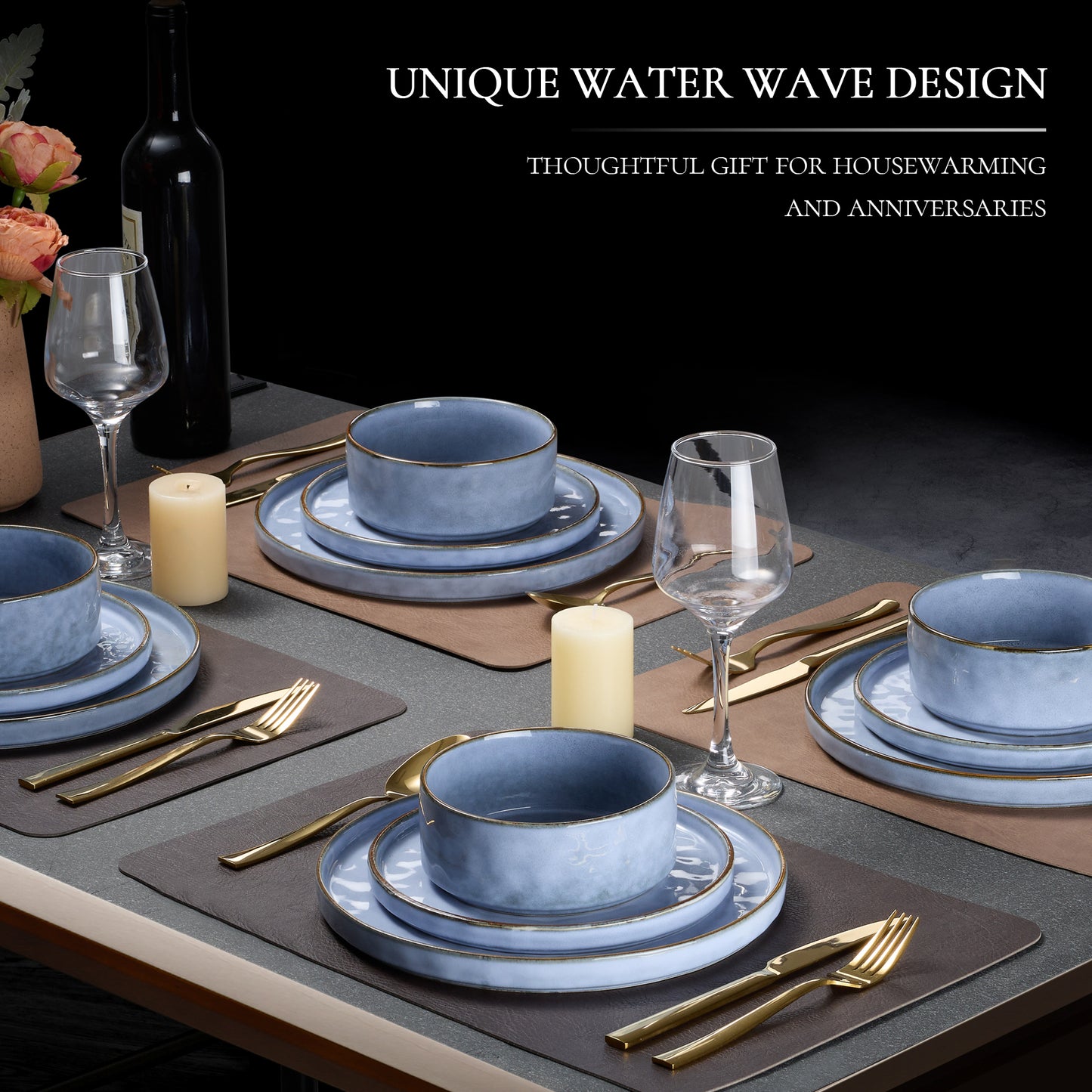Vesteel Dinnerware Sets, 12-Piece Stoneware Plates and Bowls Set, Dishes Set for 4, Elegant Ceramic Dinnerware for Home Restaurant - Uranus Blue