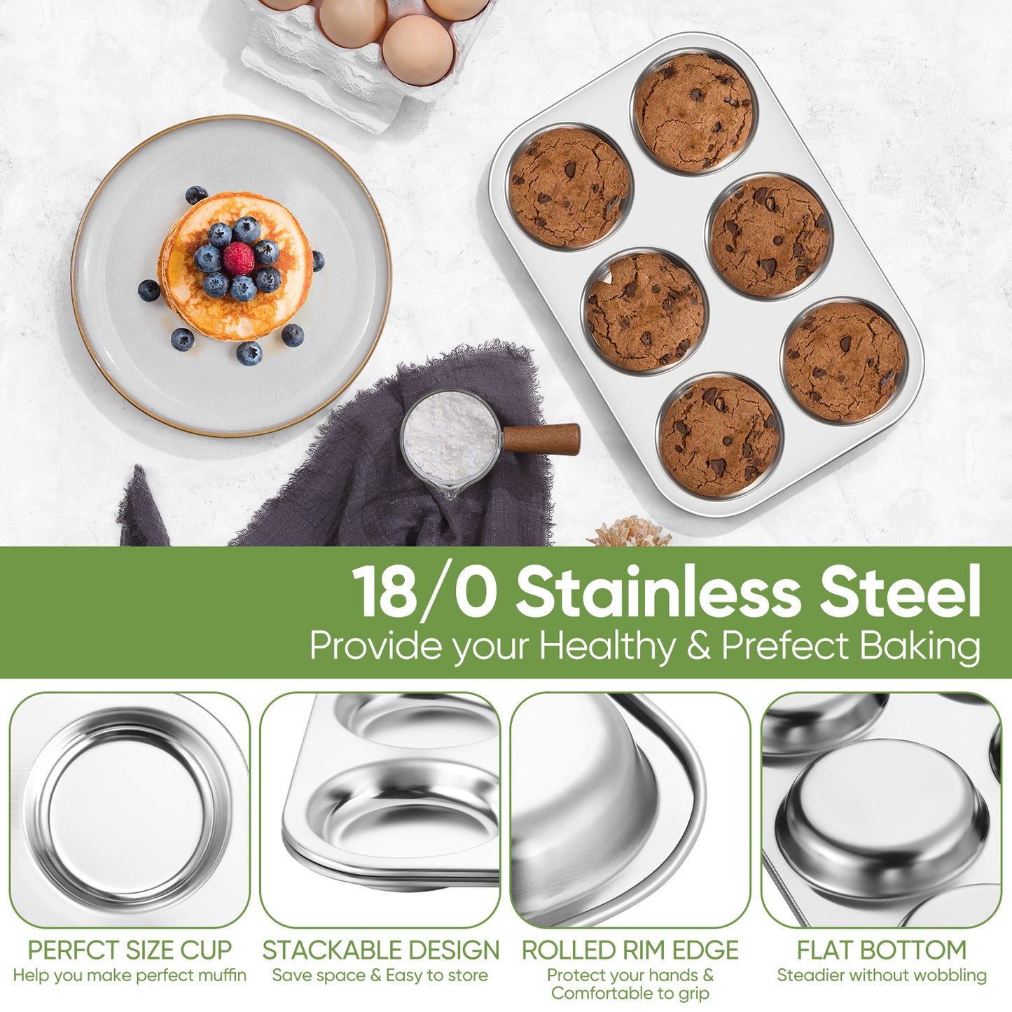 Vesteel 6-Cup Muffin Pan Set of 2, Stainless Steel Cupcake Pan Metal Muffin Baking Tins for Oven, Non-toxic & Dishwasher Safe