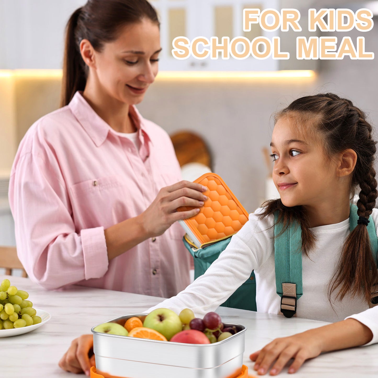 Vesteel Stainless Steel Lunch Container Set, Leak Proof Bento Box with Silicone Lids, Portable Metal Lunch Box for School and Daycare(25OZ + 8OZ*2), Orange