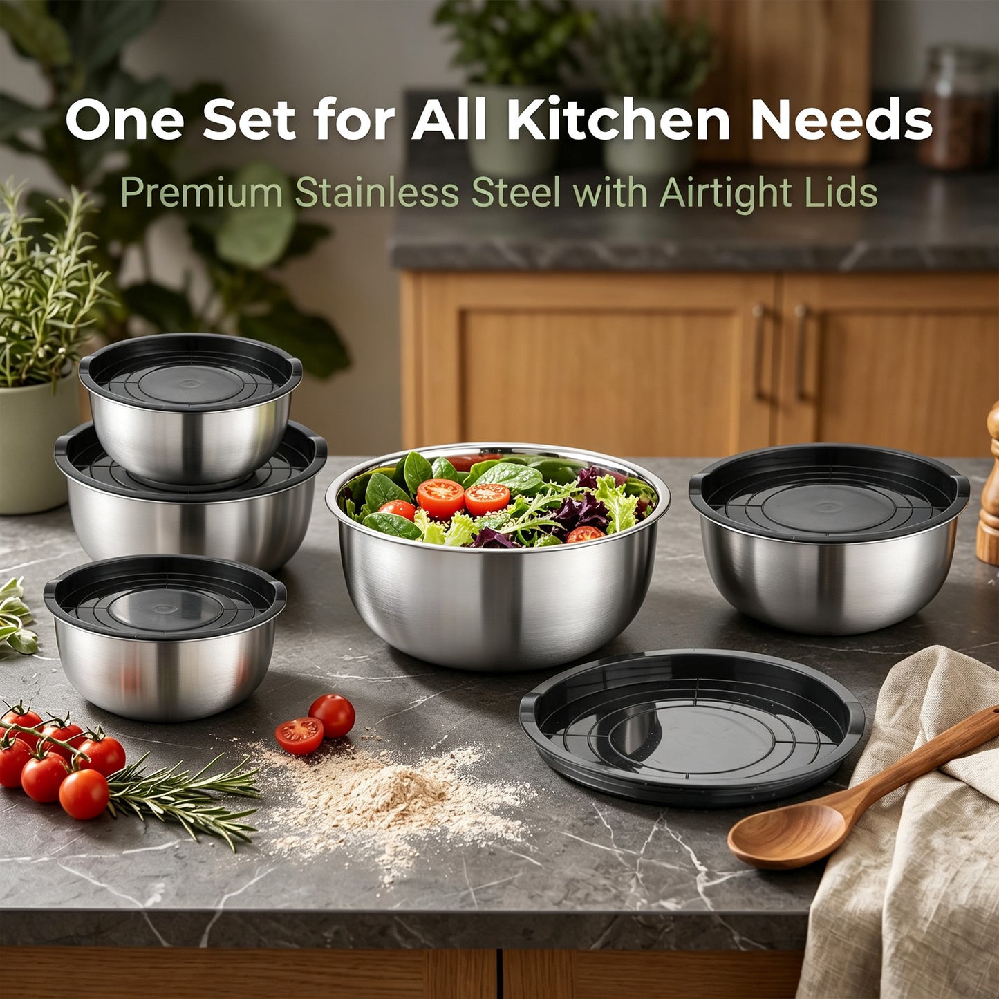 Vesteel Stainless Steel Mixing Bowls, 5 Piece Metal Nesting Bowls with Airtight Lids, Stackable Salad Bowls for Baking, Prepping & Serving, Dishwasher Safe, 5/3/1.7/1.2/0.8 QT, Black