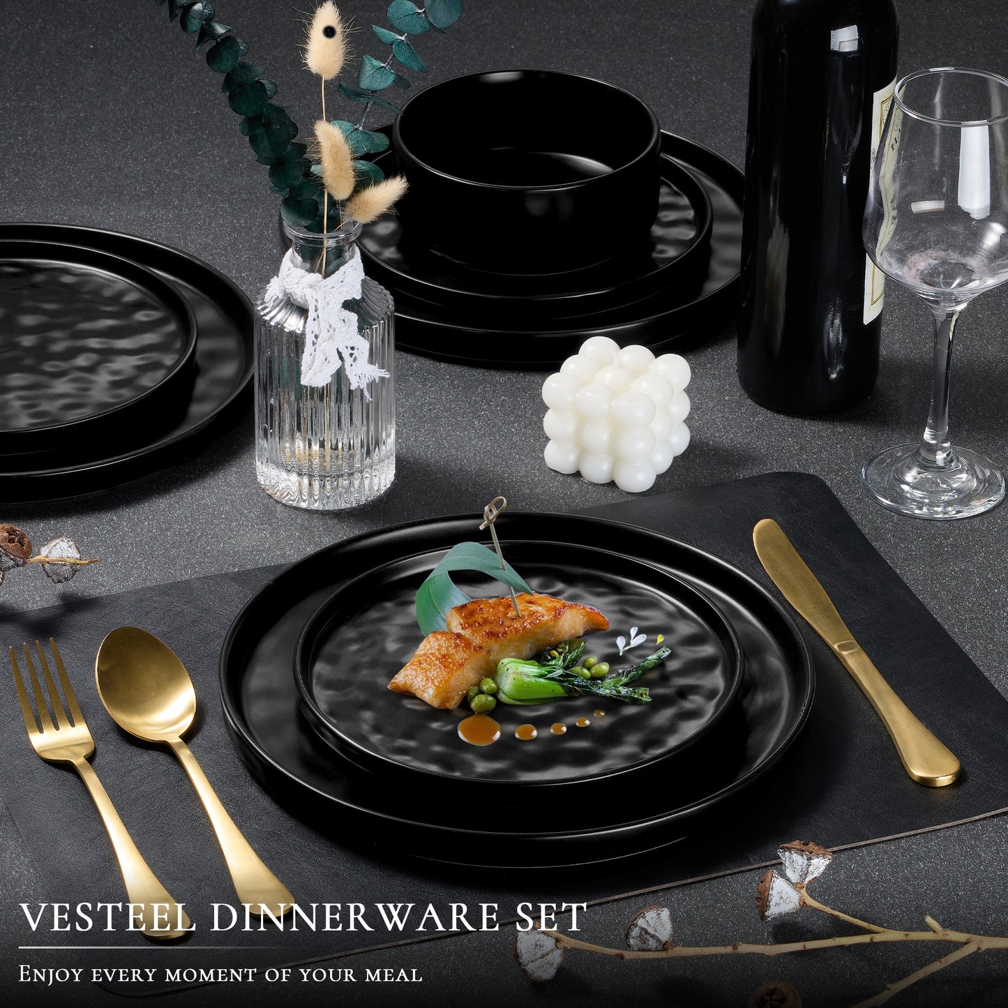 Vesteel 16-Piece Dinnerware Sets, Stoneware Dish and Bowls Set for 4, Handmade Reactive Glaze Coupe Plates Set, Chip & Scratch Resistant - Matte Black