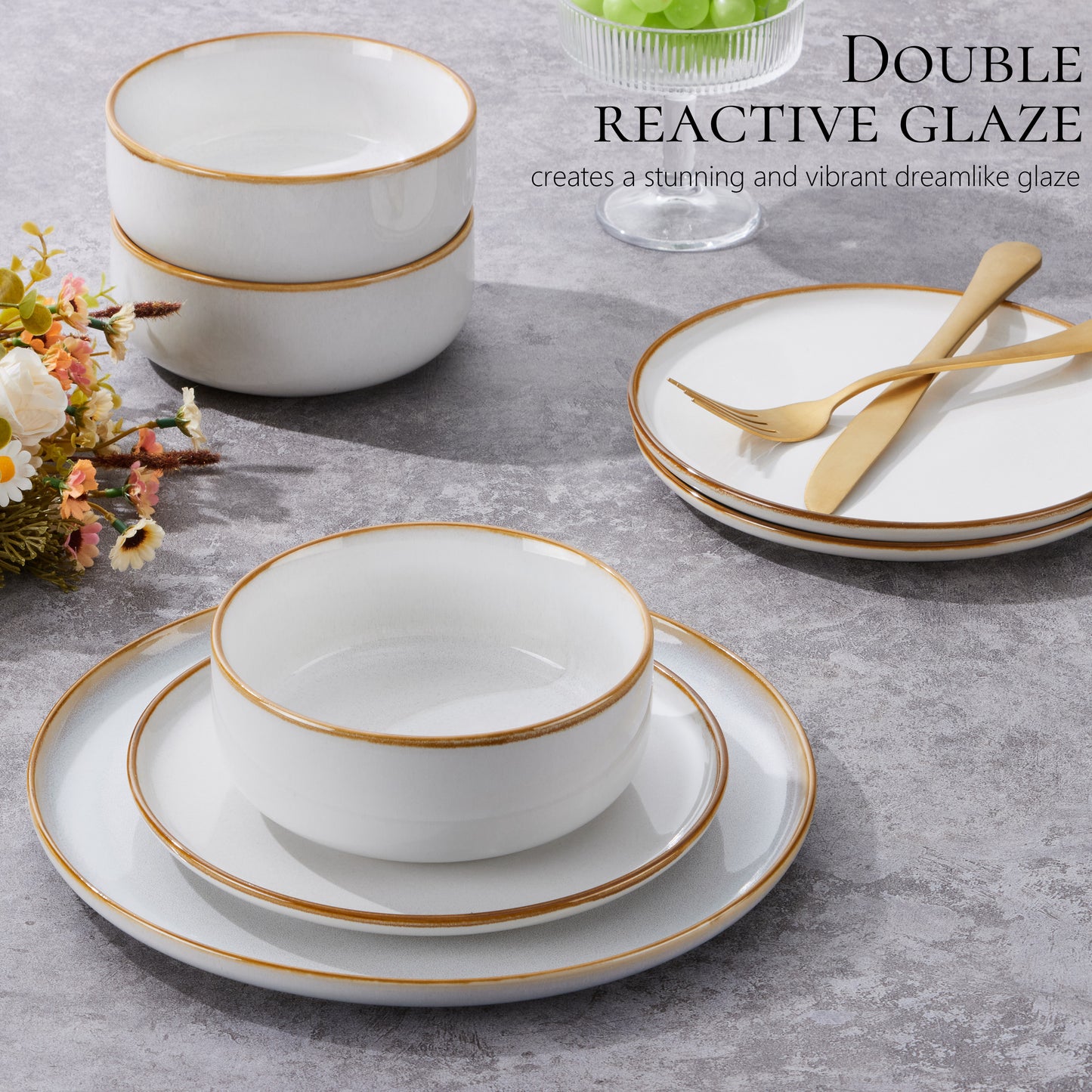 Vesteel Dinnerware Sets for 4, 12-Piece Stoneware Dish and Bowls Set, Handmade Reactive Glaze Coupe Plates Set for Family, Chip & Scratch Resistant - Seashell White