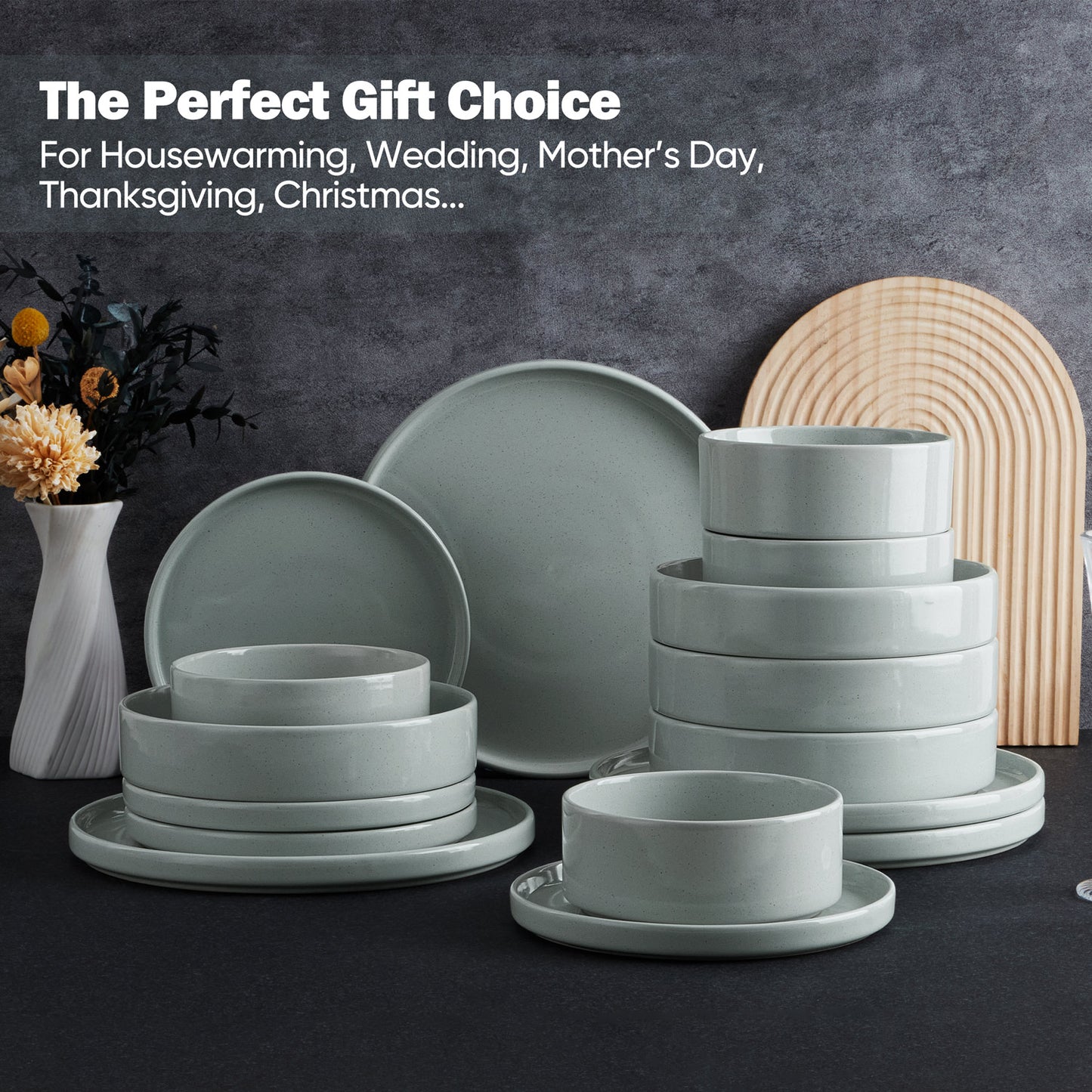 Vesteel 16 Pieces Dinnerware Sets, Premium Stoneware Dishes Set for 4, Speckled Plates and Bowls Set for Home Restaurant, Microwave and Dishwasher Safe - Mist Grey