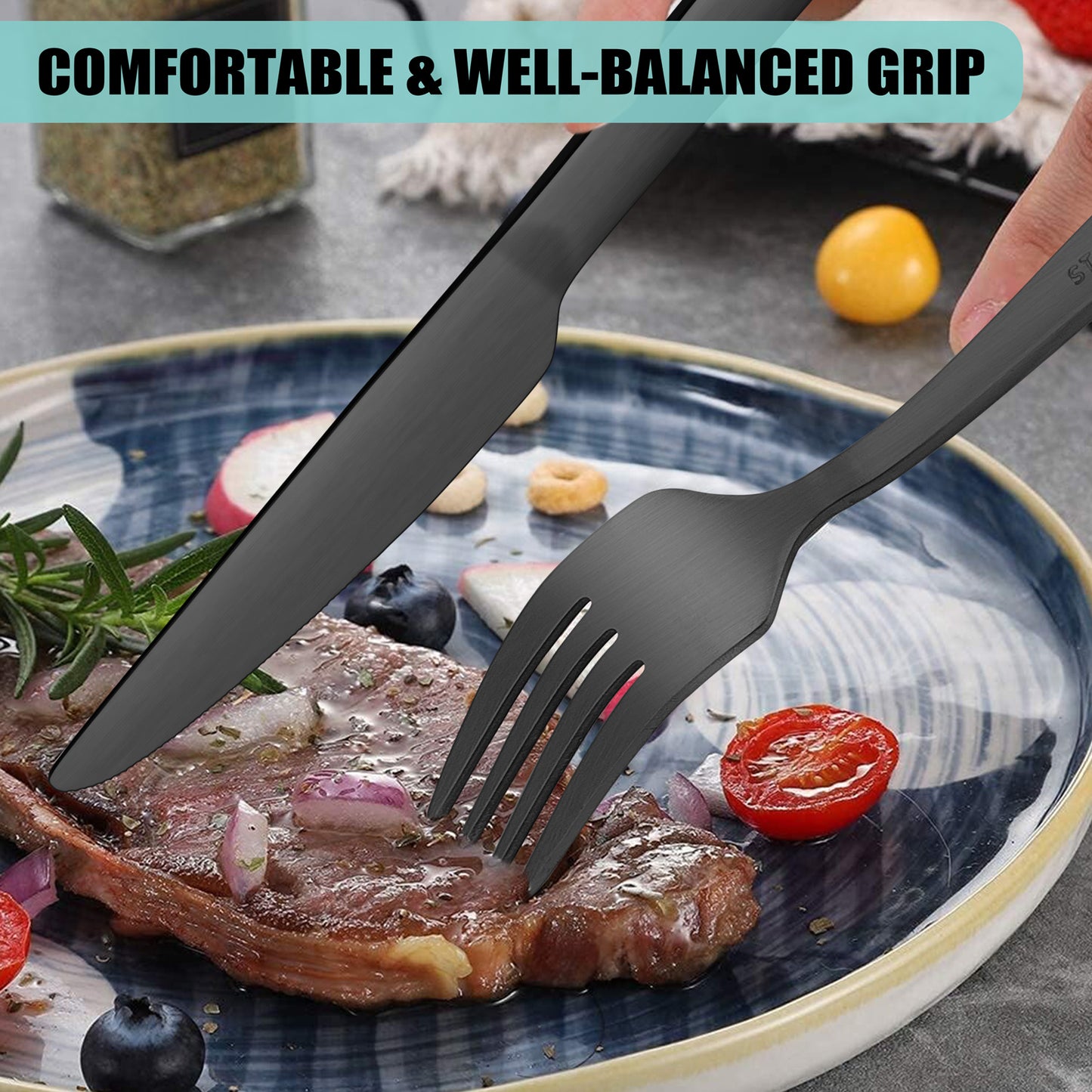 VeSteel 25Pcs Matte Black Silverware Set with Serving Utensils, Stainless Steel Flatware Set Service for 4, Metal Cutlery Eating Utensils Tableware Includes Forks/Spoons/Knives/Hostess Set
