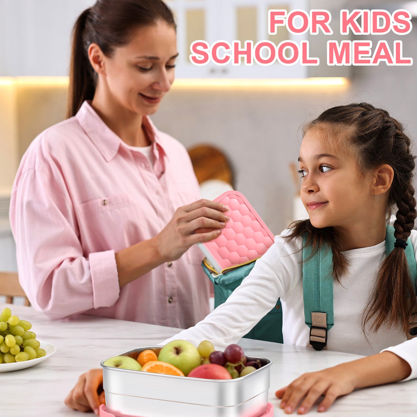 Vesteel Stainless Steel Lunch Container Set, Leak Proof Bento Box with Silicone Lids, Portable Metal Lunch Box for School and Daycare(25OZ + 8OZ*2), Pink