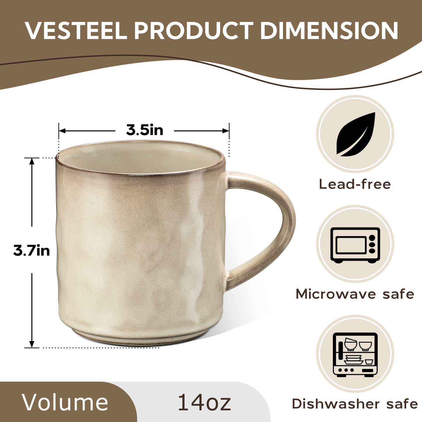 Vesteel Coffee Mug Set of 4, Ceramic Coffee Cups with Handles, 1oz Stoneware Mugs set for Coffee Tea Milk, Wave Design Mug Gifts for Home Office Restaurant, Khaki