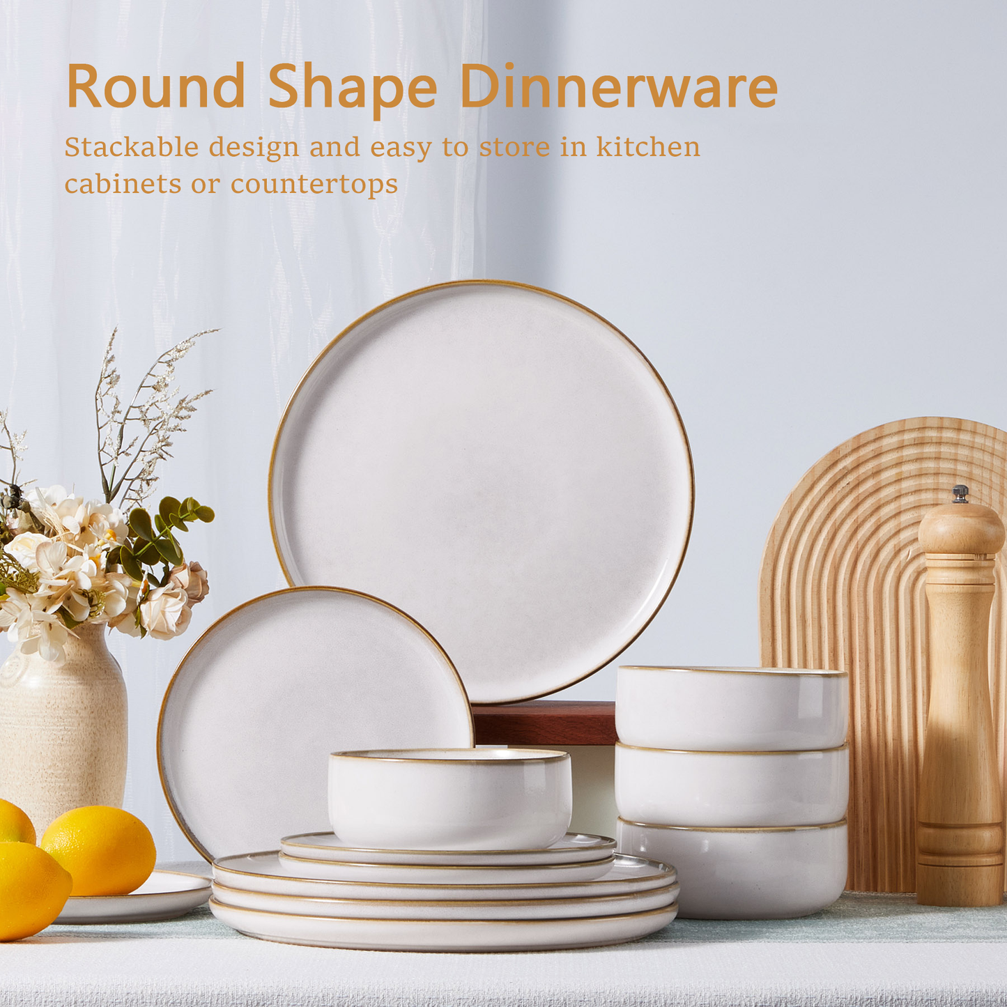 Onader Dinnerware Sets for 6, 18-Piece Plates and Bowls Set, Reactive Glaze Dishes, Stoneware Dinnerware set, Microwave & Dishwasher Safe - Seashell White