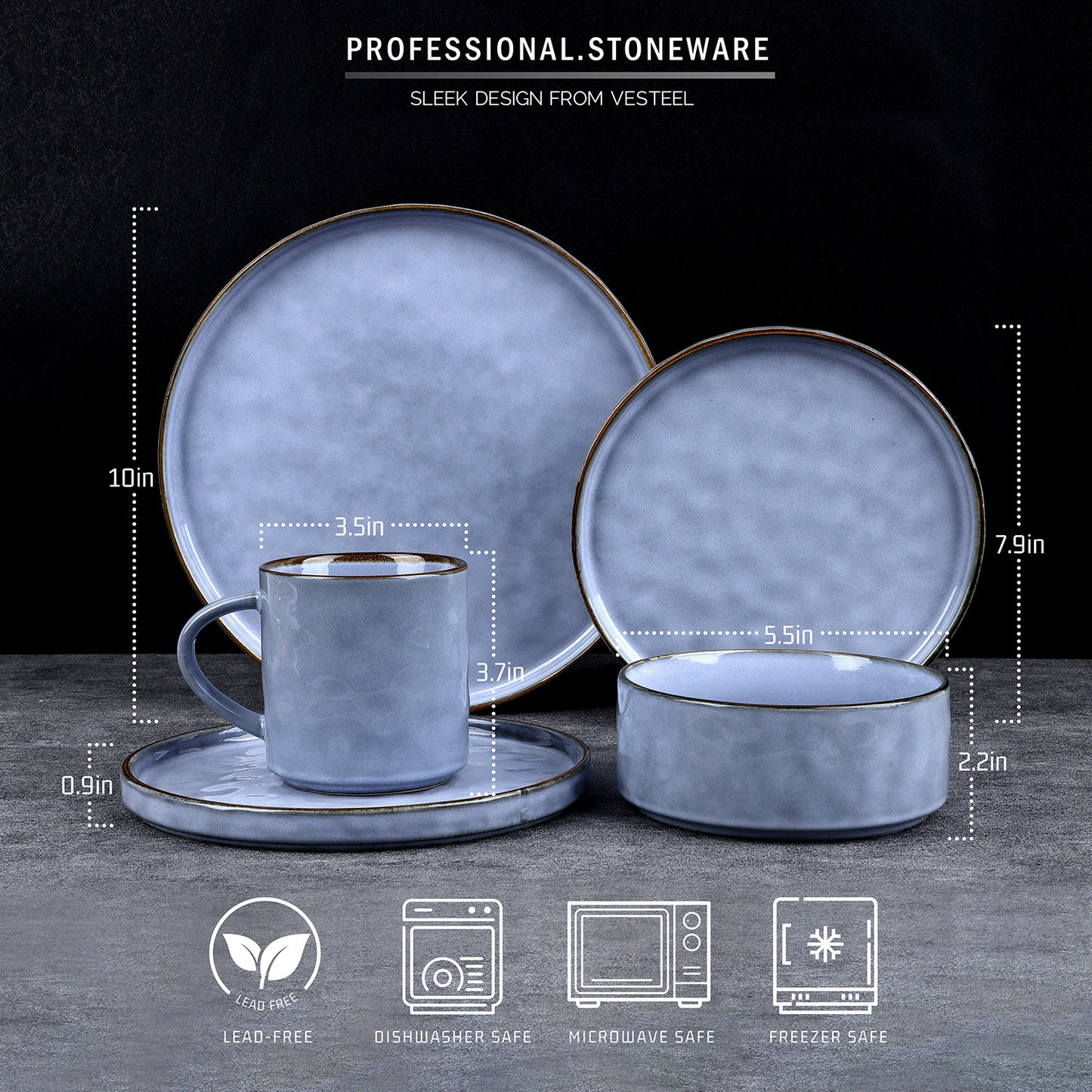 Vesteel Dinnerware Sets, 16-Piece Stoneware Plates and Bowls Set, Dishes Set for 4, Elegant Ceramic Dinnerware for Home Restaurant - Uranus Blue