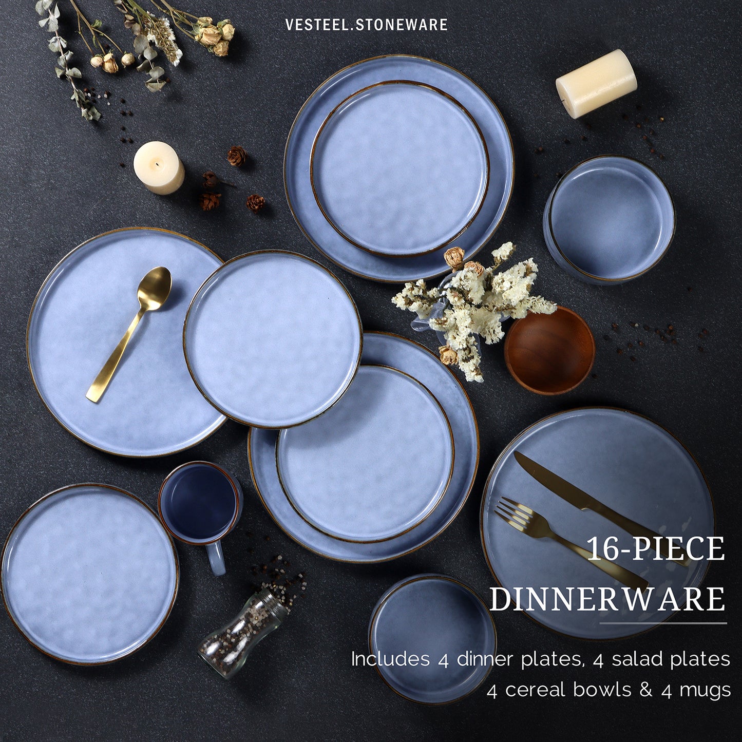 Vesteel Dinnerware Sets, 16-Piece Stoneware Plates and Bowls Set, Dishes Set for 4, Elegant Ceramic Dinnerware for Home Restaurant - Uranus Blue