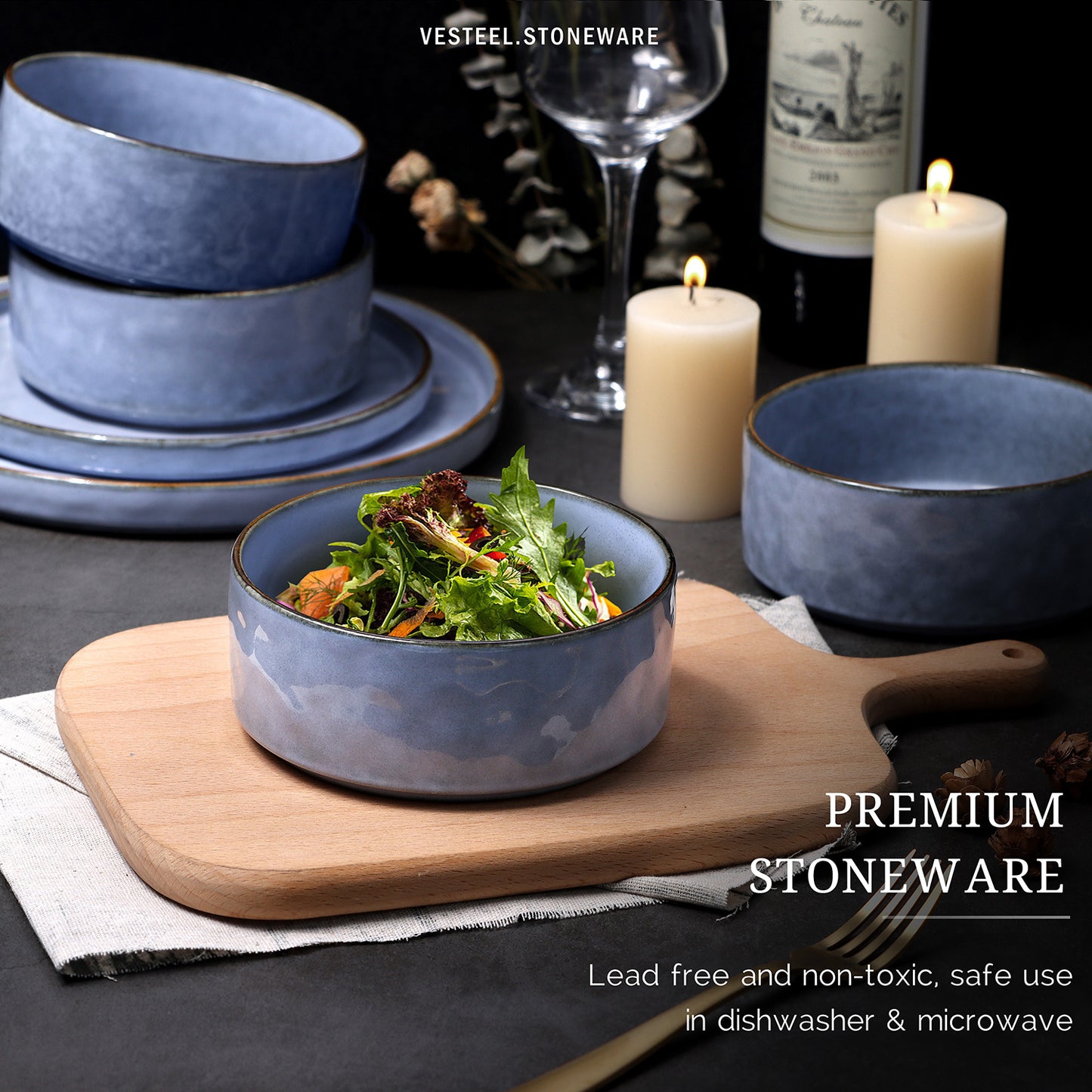 Vesteel Dinnerware Sets, 16-Piece Stoneware Plates and Bowls Set, Dishes Set for 4, Elegant Ceramic Dinnerware for Home Restaurant - Uranus Blue