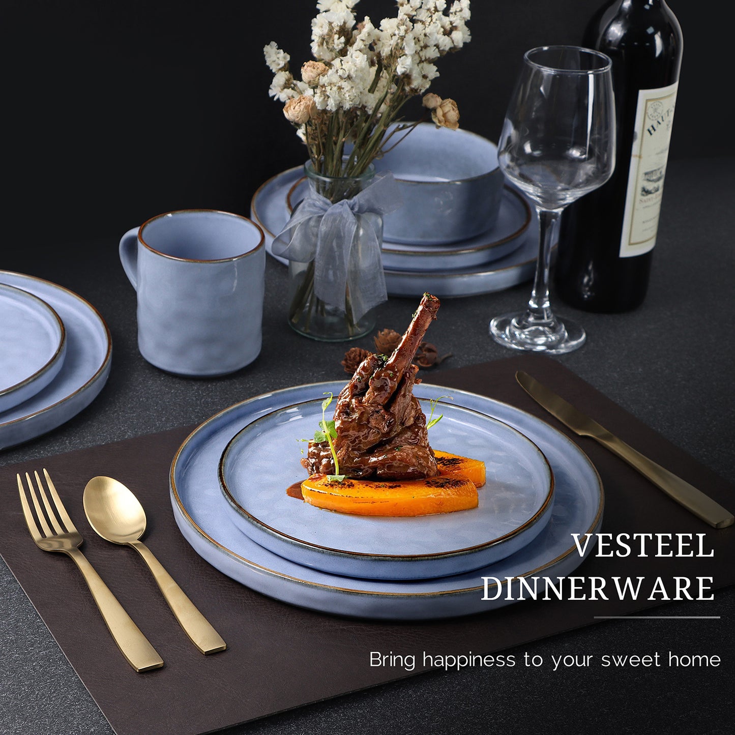 Vesteel Dinnerware Sets, 16-Piece Stoneware Plates and Bowls Set, Dishes Set for 4, Elegant Ceramic Dinnerware for Home Restaurant - Uranus Blue
