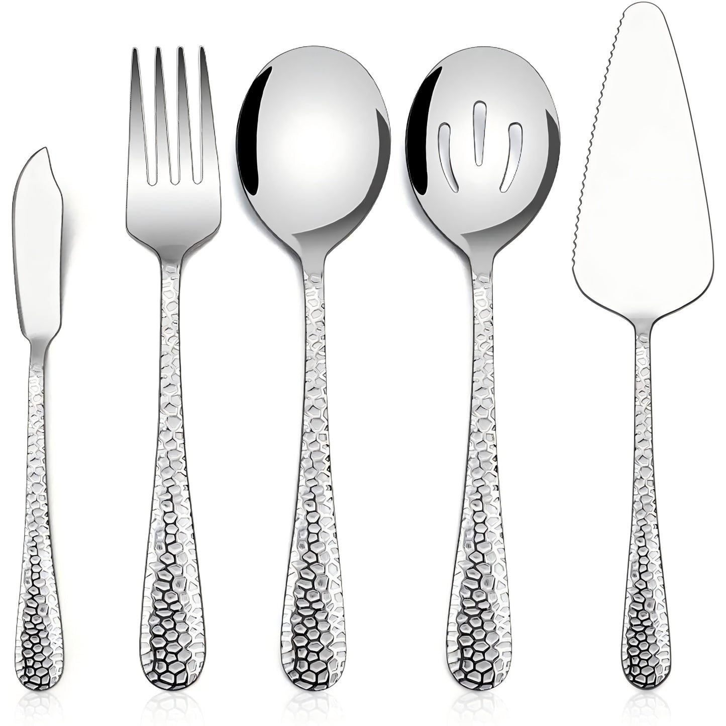 Hammered Serving Utensils, Vesteel 5-Piece Stainless Steel Hostess Serving Set Set for Buffet Party Kitchen Restaurant, Mirror Finished & Dishwasher Safe