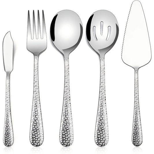 Hammered Serving Utensils, Vesteel 5-Piece Stainless Steel Hostess Serving Set Set for Buffet Party Kitchen Restaurant, Mirror Finished & Dishwasher Safe