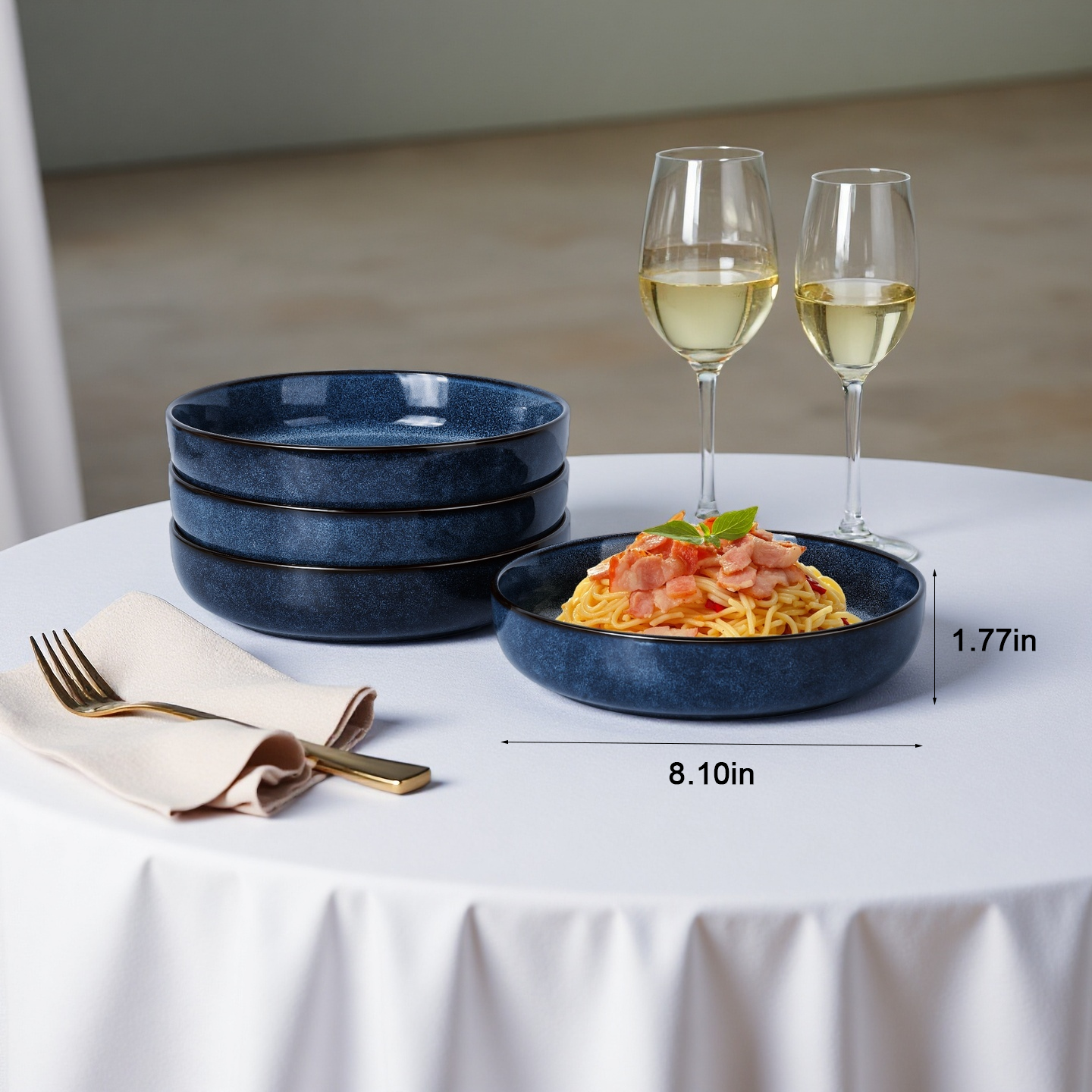 Onader Pasta Bowls Set of 4, 35oz Large Pasta Bowls for Serving, Wide Bowl Plates for Kitchen, Double Reactive Glaze, Microwave and Dishwasher Safe - Deep Sea Blue