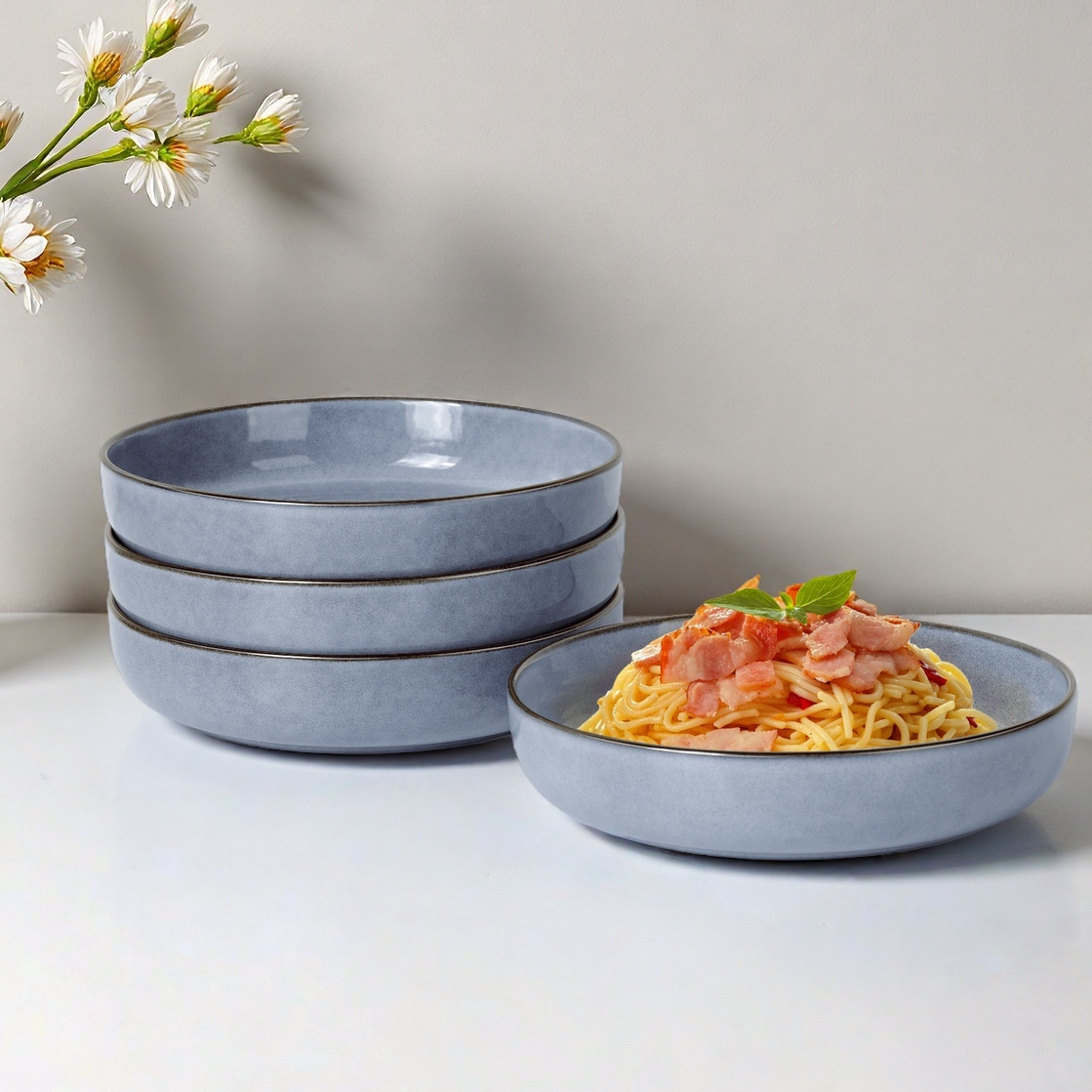 Onader Pasta Bowls Set of 4, 35oz Large Pasta Bowls for Serving, Wide Bowl Plates for Kitchen, Double Reactive Glaze, Microwave and Dishwasher Safe - Ocean Blue
