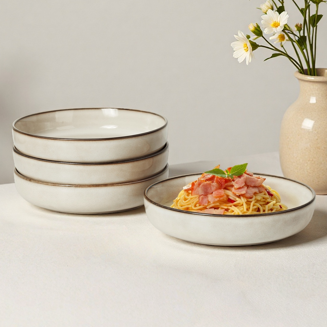 Onader Pasta Bowls Set of 4, 35oz Large Pasta Bowls for Serving, Wide Bowl Plates for Kitchen, Double Reactive Glaze, Microwave and Dishwasher Safe - Khaki