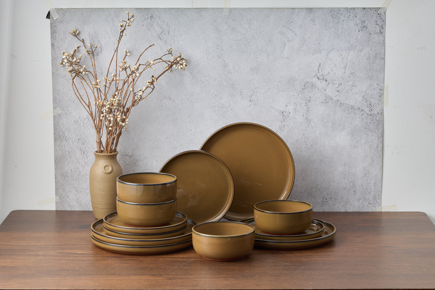 Vesteel 12-Piece Dinnerware Set, Ceramic Plates and Bowls Set for 4, Reactive Glaze Tableware Set with Purple Clay Base for Home, Chip & Scratch Resistant Stoneware, Brown Yellow