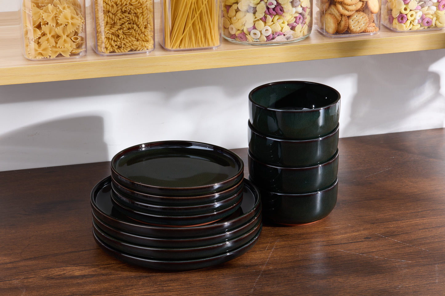 Vesteel 12-Piece Dinnerware Set, Ceramic Plates and Bowls Set for 4, Reactive Glaze Tableware Set with Purple Clay Base for Home, Chip & Scratch Resistant Stoneware, Black Green