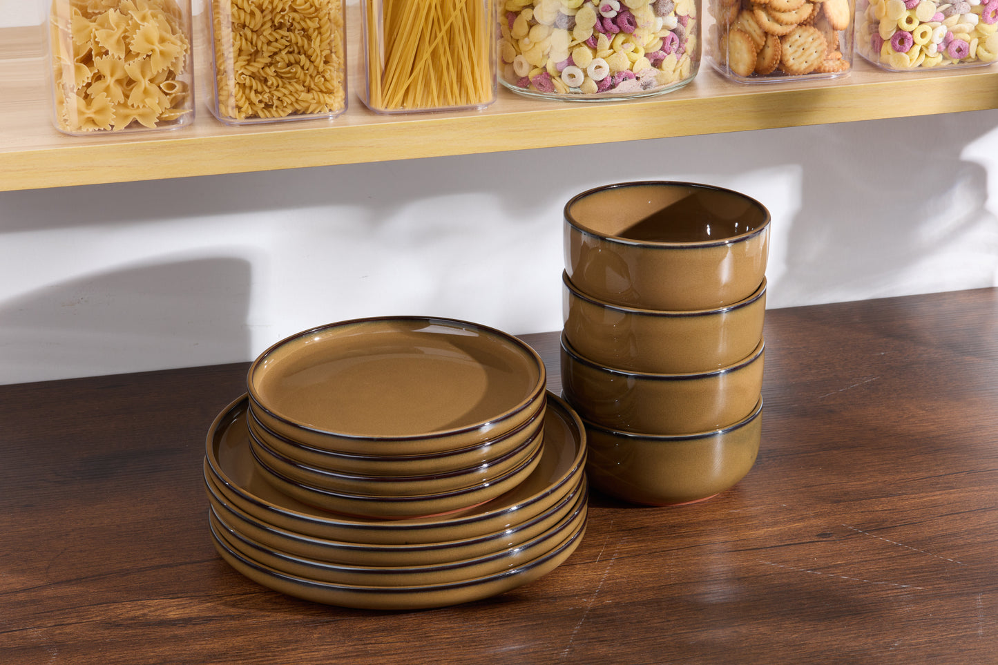 Vesteel 12-Piece Dinnerware Set, Ceramic Plates and Bowls Set for 4, Reactive Glaze Tableware Set with Purple Clay Base for Home, Chip & Scratch Resistant Stoneware, Brown Yellow