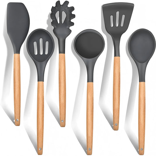 Kitchen Utensils Set of 6, VeSteel Silicone Cooking Utensils with Wooden Handle, Non-Stick Cookware & Heat Resistant (Gray)