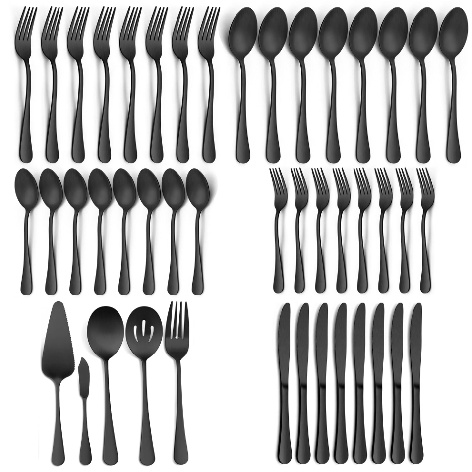 Vesteel 45 Pieces Black Silverware Set with Serving Utensils, Stainless Steel Modern Flatware Cutlery Set for 8, Eating Utensils Tableware Include Forks Knives Spoons, Mirror Polished