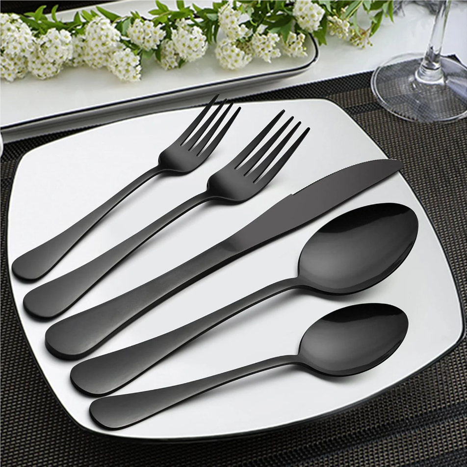 Vesteel 45 Pieces Black Silverware Set with Serving Utensils, Stainless Steel Modern Flatware Cutlery Set for 8, Eating Utensils Tableware Include Forks Knives Spoons, Mirror Polished