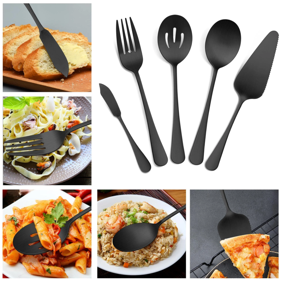 Vesteel 45 Pieces Black Silverware Set with Serving Utensils, Stainless Steel Modern Flatware Cutlery Set for 8, Eating Utensils Tableware Include Forks Knives Spoons, Mirror Polished
