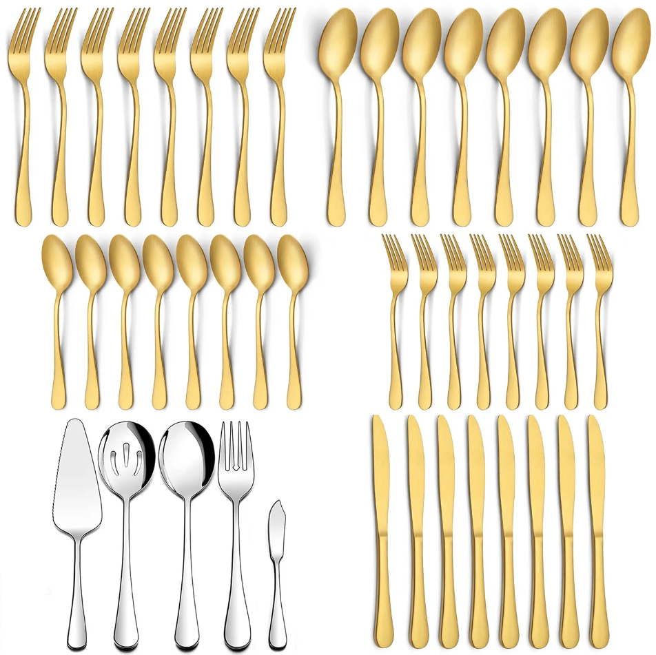 Vesteel 45 Pieces Gold Silverware Set with Serving Utensils, Stainless Steel Modern Flatware Cutlery Set for 8, Eating Utensils Tableware Include Forks Knives Spoons, Mirror Polished