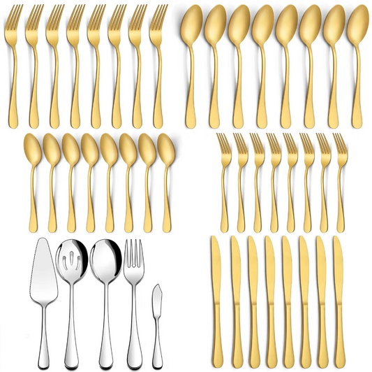 Vesteel 45 Pieces Gold Silverware Set with Serving Utensils, Stainless Steel Modern Flatware Cutlery Set for 8, Eating Utensils Tableware Include Forks Knives Spoons, Mirror Polished