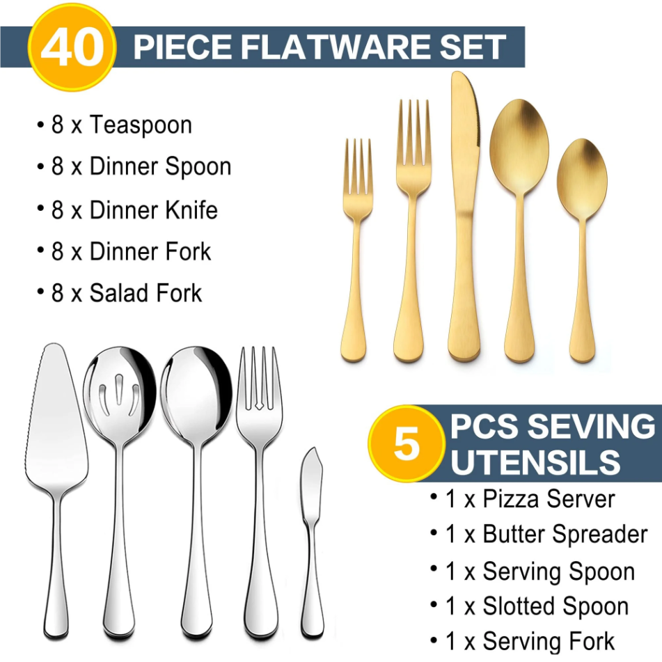 Vesteel 45 Pieces Gold Silverware Set with Serving Utensils, Stainless Steel Modern Flatware Cutlery Set for 8, Eating Utensils Tableware Include Forks Knives Spoons, Mirror Polished