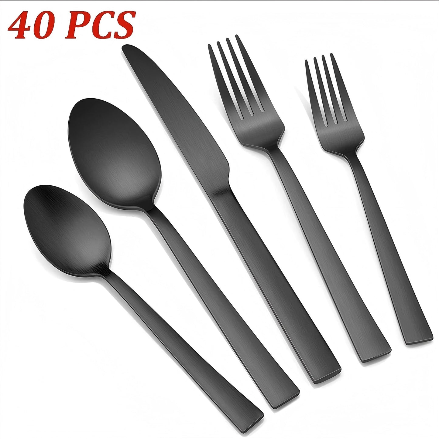 VeSteel 40-Piece Matte Black Silverware Set, Stainless Steel Flatware Set Service for 8, Metal Cutlery Eating Utensils Tableware Includes Forks/Spoons/Knives, Square Edge & Dishwasher Safe
