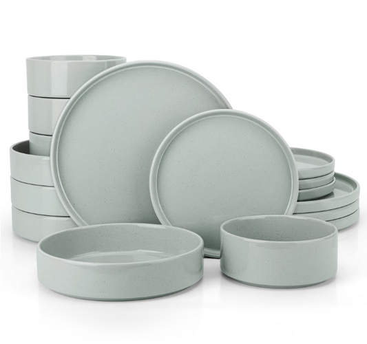 Vesteel 16 Pieces Dinnerware Sets, Premium Stoneware Dishes Set for 4, Speckled Plates and Bowls Set for Home Restaurant, Microwave and Dishwasher Safe - Mist Grey