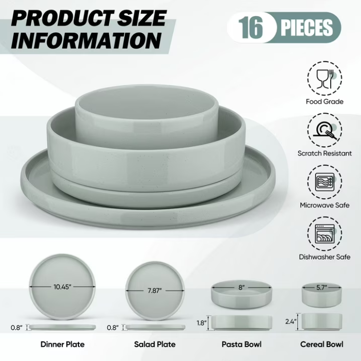 Vesteel 16 Pieces Dinnerware Sets, Premium Stoneware Dishes Set for 4, Speckled Plates and Bowls Set for Home Restaurant, Microwave and Dishwasher Safe - Mist Grey