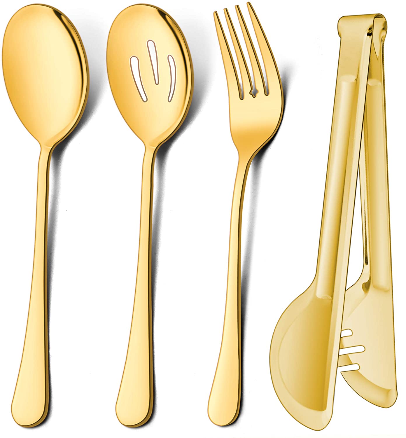 VeSteel 12-Piece Stainless Steel Gold Serving Utensils, Include 3 Large Serving Spoons, 3 Slotted Serving Spoons, 3 Serving Forks, 3 Serving Tongs
