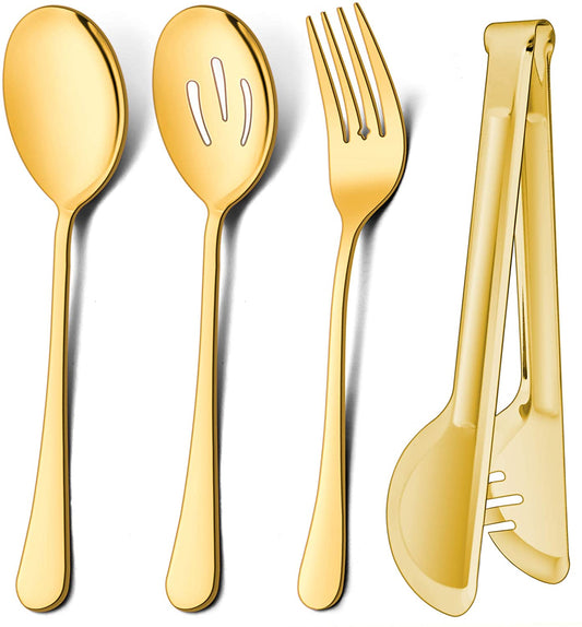 VeSteel 12-Piece Stainless Steel Gold Serving Utensils, Include 3 Large Serving Spoons, 3 Slotted Serving Spoons, 3 Serving Forks, 3 Serving Tongs