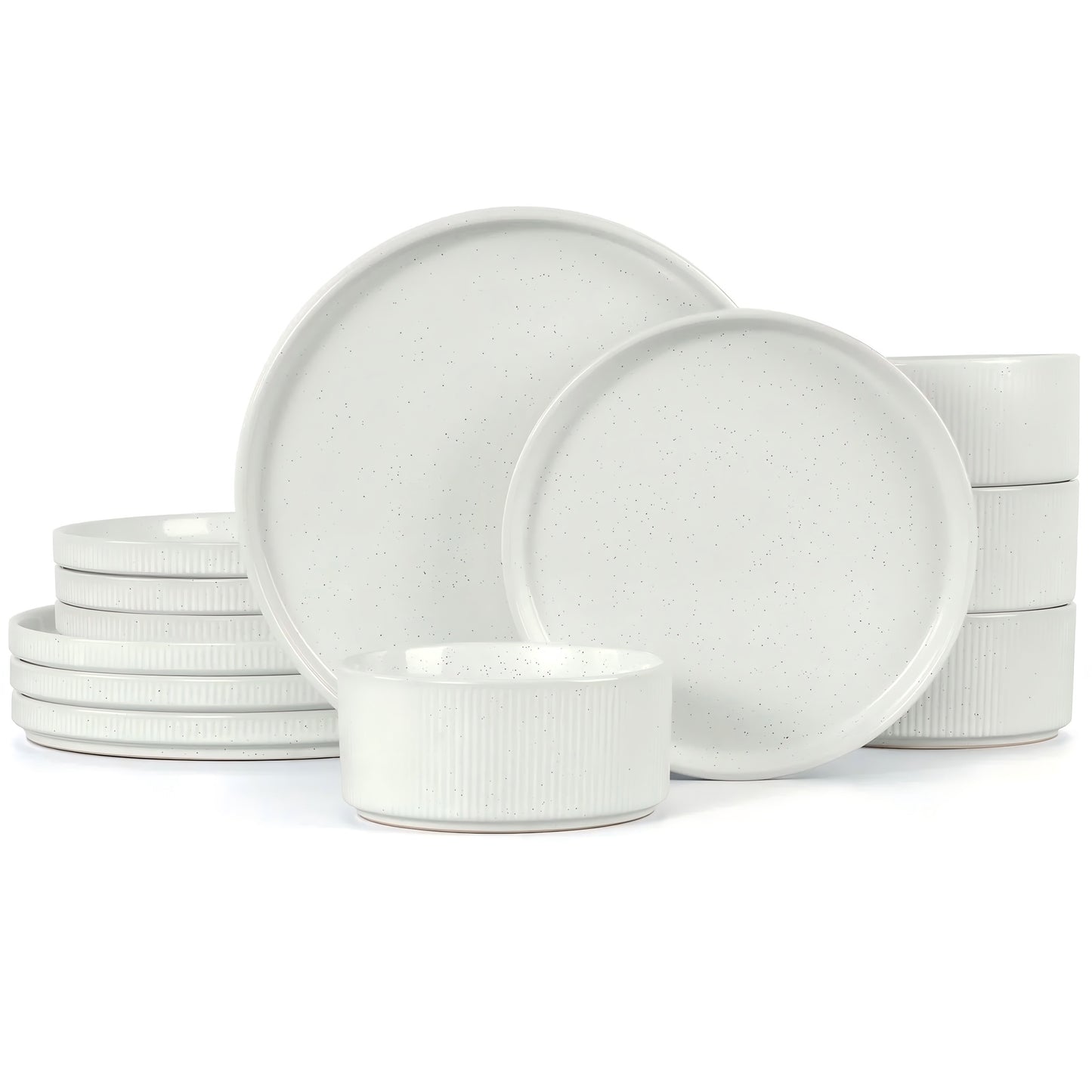 Vesteel 12 Pieces Dinnerware Set for 4, Premium Stoneware Ribbed Dishes, Chip & Scratch Resistant Plates and Bowls Set for Home Restaurant, Microwave and Dishwasher Safe - Speckled White