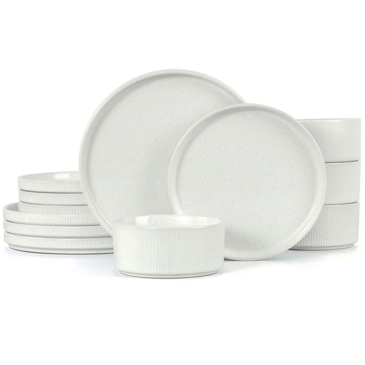 Vesteel 12 Pieces Dinnerware Set for 4, Premium Stoneware Ribbed Dishes, Chip & Scratch Resistant Plates and Bowls Set for Home Restaurant, Microwave and Dishwasher Safe - Speckled White