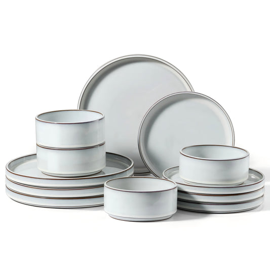 Vesteel 12-Piece Dinnerware Set, Ceramic Plates and Bowls Sets, Healthy Yixing Purple Clay Dishes Set, Elegant & Durable Tableware, Dishwasher & Microwave Safe - Ivory White