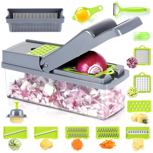 Vesteel 14 in 1 Vegetable Chopper, Multifunctional Food Chopper Vegetable Fruit Cutter Dicer Slicer with 8 Blades, Onion Chopper with Container & Drain Basket