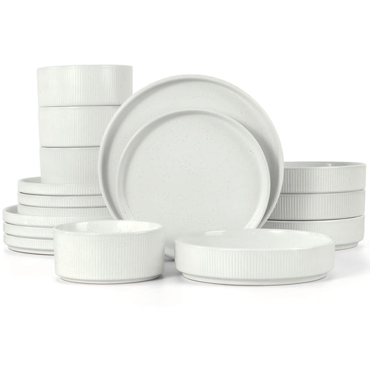 Vesteel 16 Pieces Dinnerware Set for 4, Premium Stoneware Ribbed Dishes, Chip & Scratch Resistant Plates and Bowls Set for Home Restaurant, Microwave and Dishwasher Safe - Speckled White
