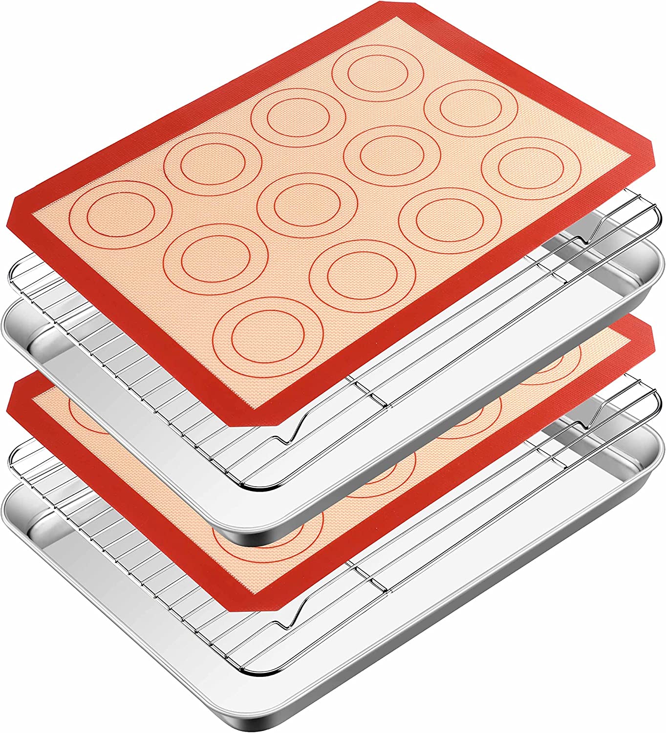 Vesteel 16 inch Baking Sheet with Rack & Mat Set of 6, Stainless Steel Cookie Tray with Cooling Rack & Silicone Mat for Toaster Oven
