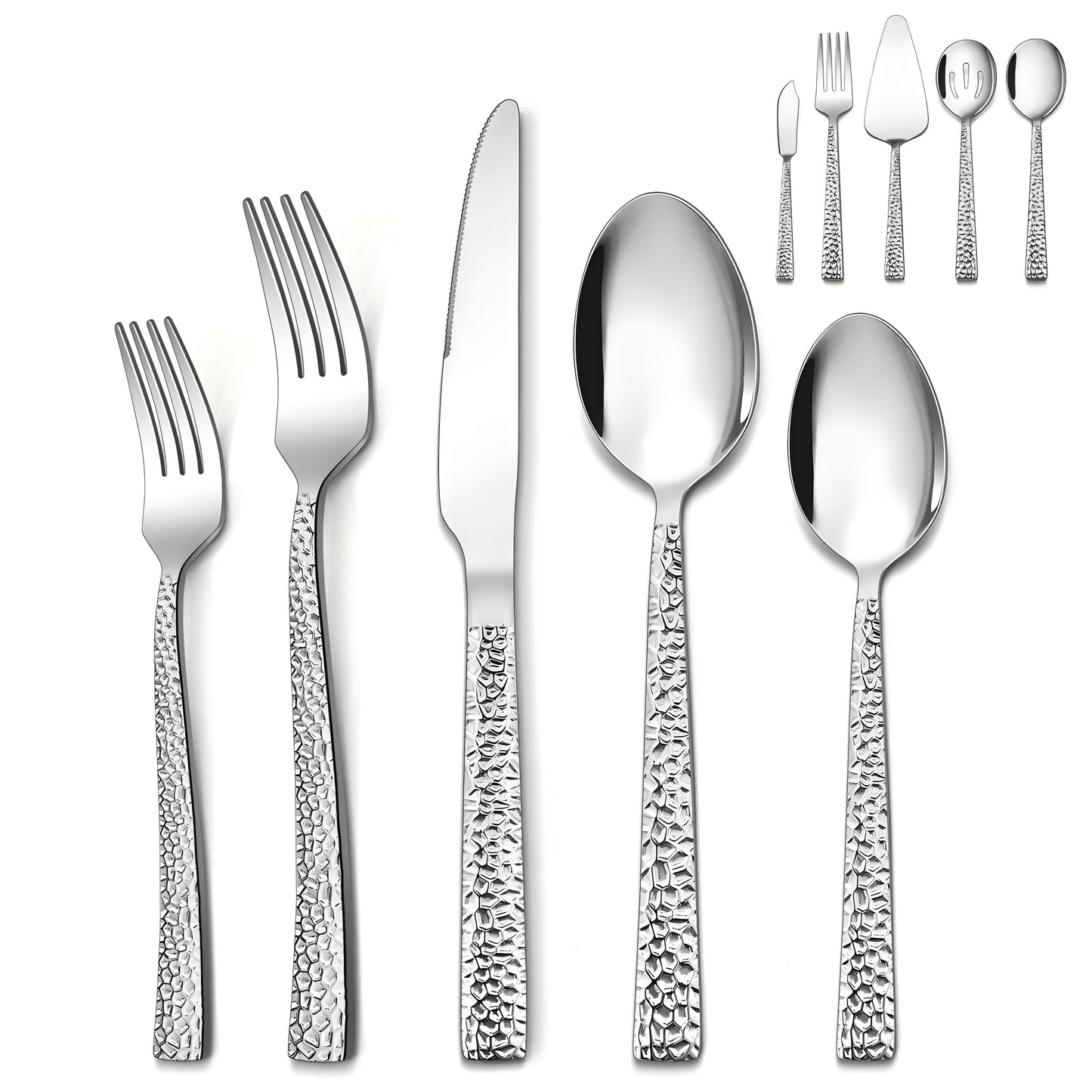 Vesteel 20-Piece Hammered Silverware Set with 5 Serving Utensils, Stainless Steel Square Flatware Tableware Cutlery Set Service for 4, Heavy Duty & Dishwasher Safe