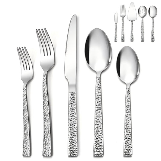 Vesteel 20-Piece Hammered Silverware Set with 5 Serving Utensils, Stainless Steel Square Flatware Tableware Cutlery Set Service for 4, Heavy Duty & Dishwasher Safe