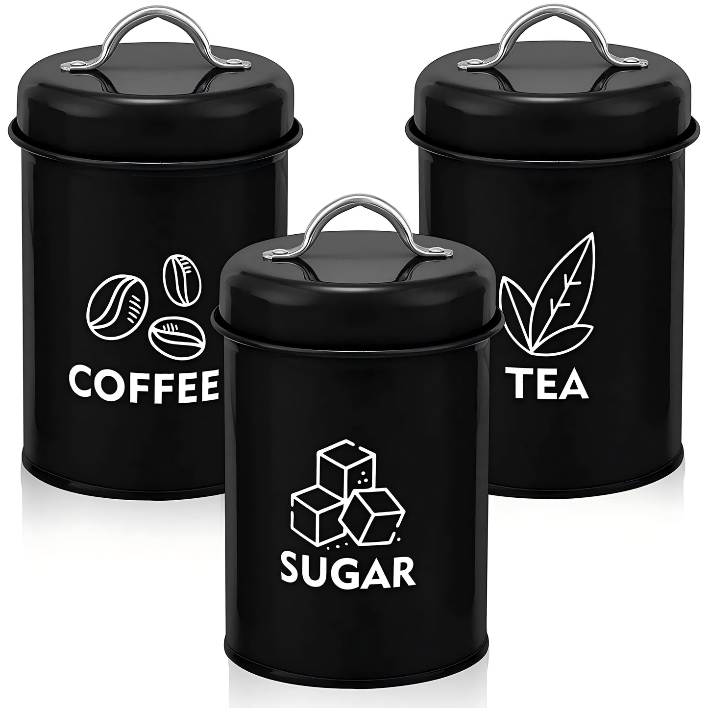Vesteel 3 Piece Sugar Tea Coffee Kitchen Canister Set Food Storage Jars with Bamboo Lids - Black 4” x 6.89”