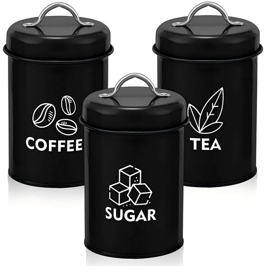 Vesteel 3 Piece Sugar Tea Coffee Kitchen Canister Set Food Storage Jars with Bamboo Lids - Black 4” x 6.89”