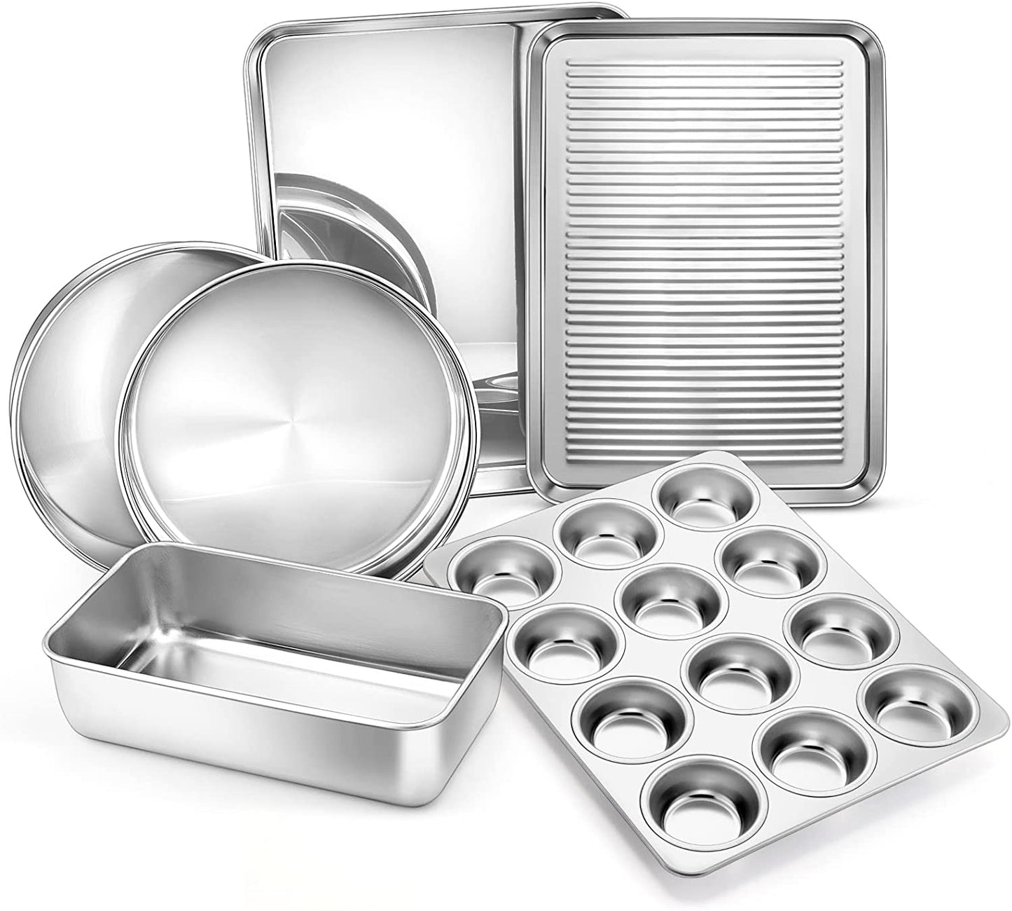 Vesteel 6-Piece Nonstick Bakeware Set, Stainless Steel Baking Pans Set for Oven, Include 8 inches Round Cake Pan/Rectangle Baking Cookie Sheet/Muffin/Loaf Pan, Non-Toxic & Heavy Duty, Dishwasher Safe